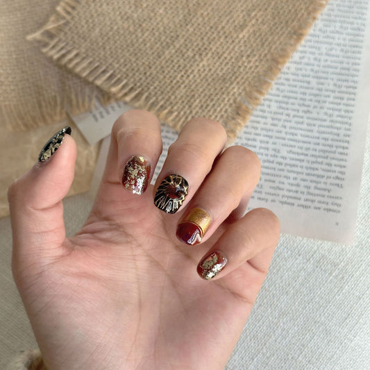 Vintage Metallic Babylonian Style Aluminum Mirror Powder Short Press on Nails- AB Set